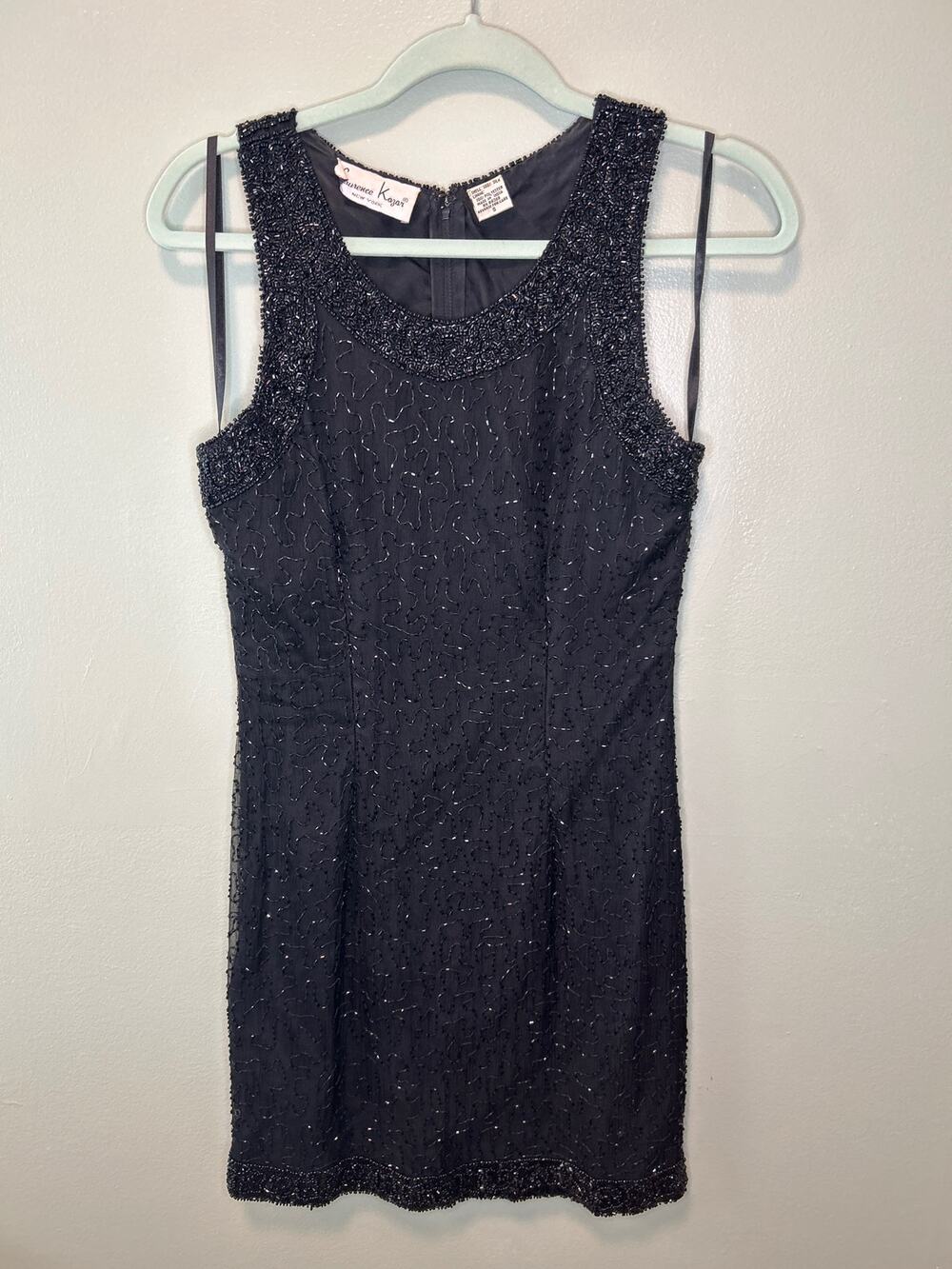 Vintage Laurence Kazar Womens S Mini Dress Beaded Silk Black Zipper Slit Formal